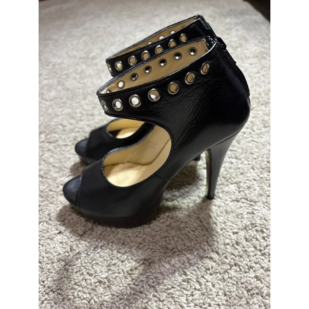 Be & D Black Leather Grommet Ankle Strap Peep Toe Platform Pumps Heels Italy 37